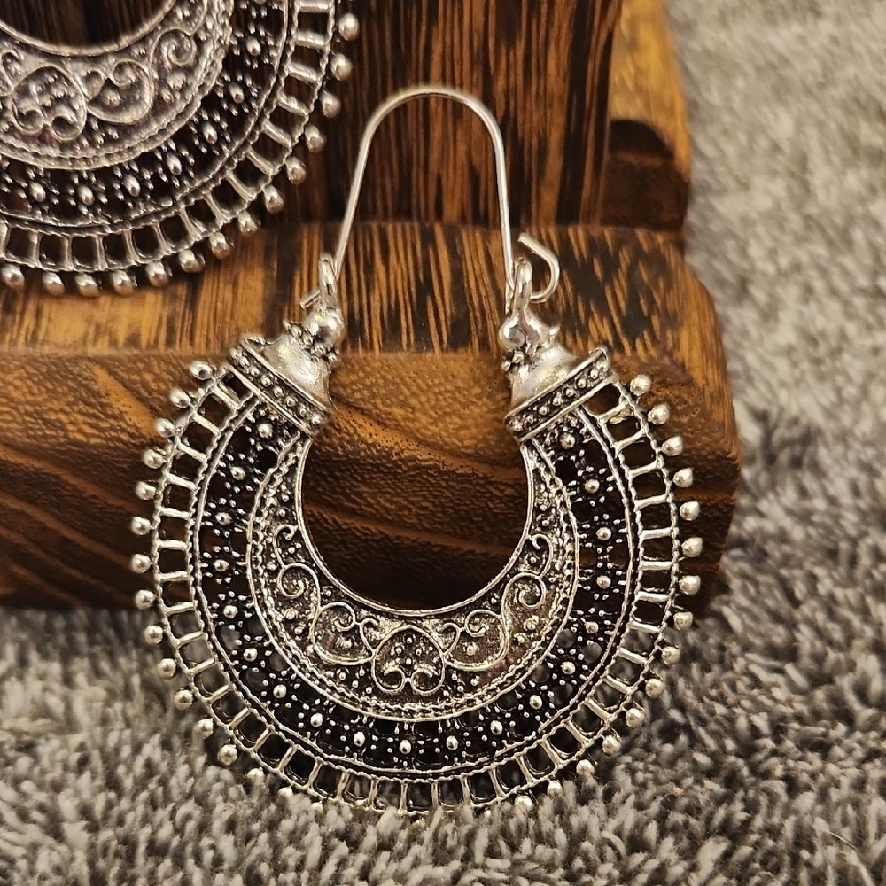 Bohemian Silver Tone Crescent Earrings - Picture 4 of 5
